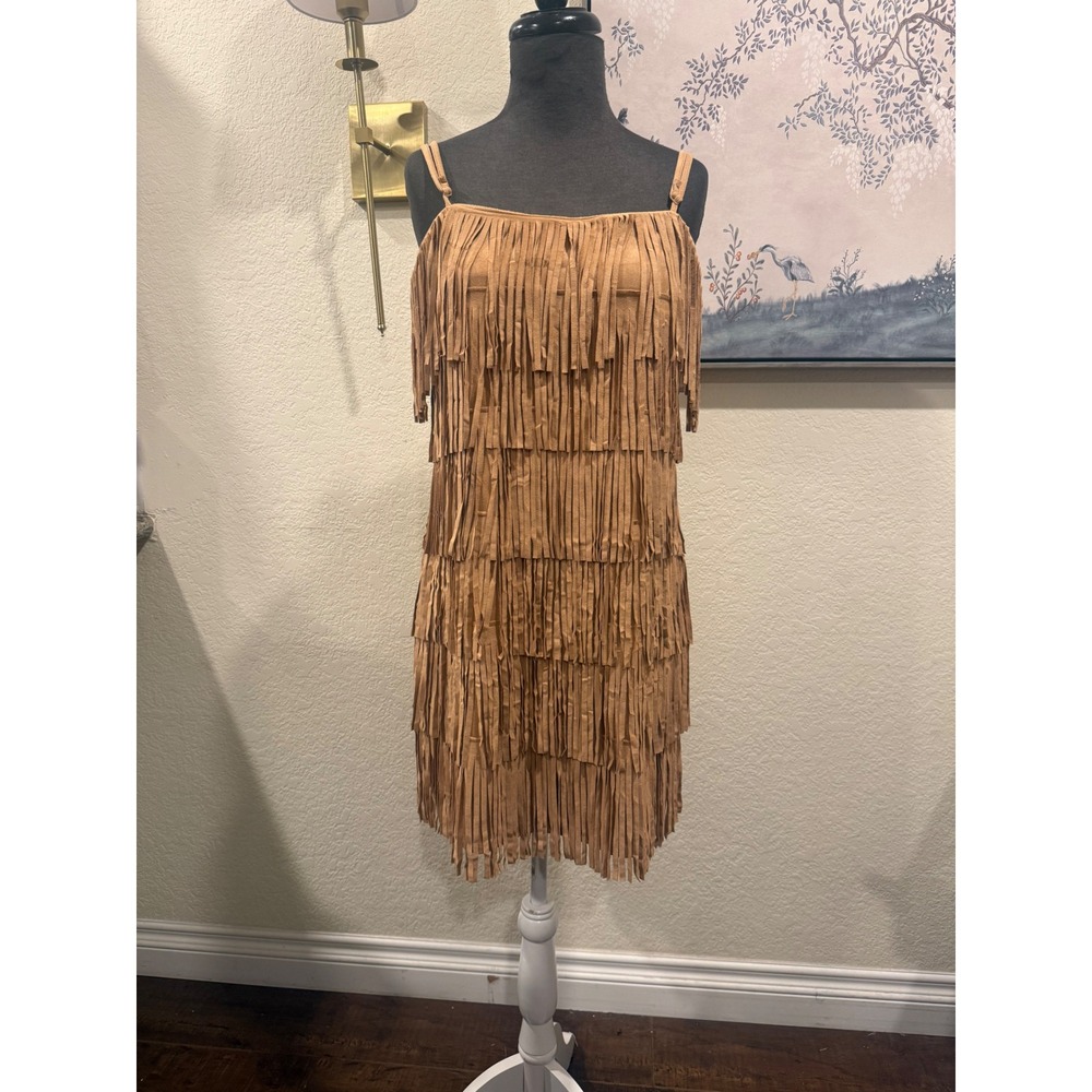 Trixxi Womens XL Faux Suede Fringe Mini Dress Tan Camel Western Flapper Style